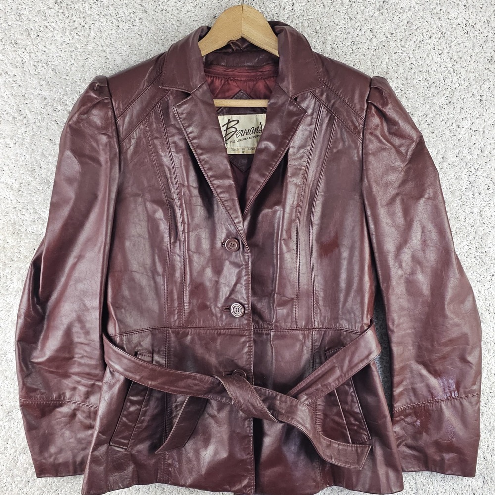 Vintage 80s Bermans Burgundy Leather Short Belt Trench Coat Button Sz 12 Quilted